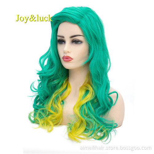 Long Natural Wavy Synthetic Wigs for Women Green Mixed Yellow Color Body Wave Cosplay Wigs Costume Hair Style